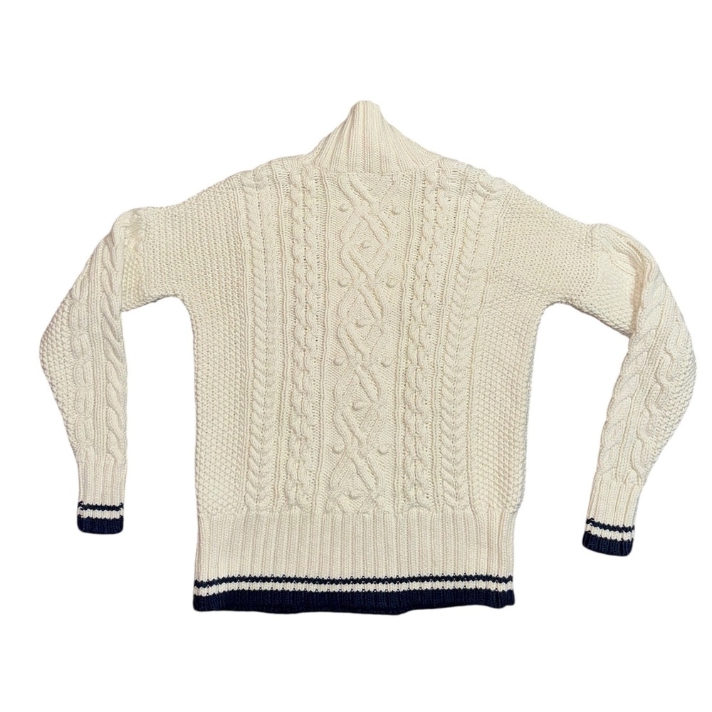 Vineyard Vines Cable Knit Turtleneck‎ Sweater Cream Navy Stripe XS - Picture 2 of 11